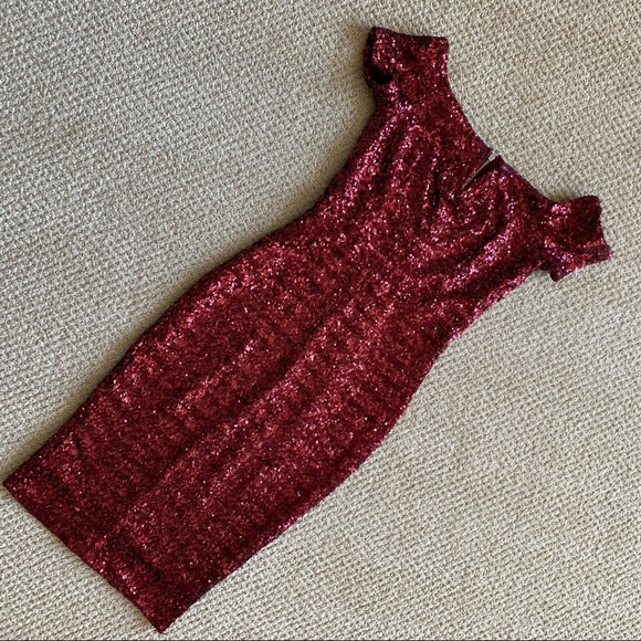ASOS TFNC Bardot Dress Sequin Burgundy - Picture 2 of 14